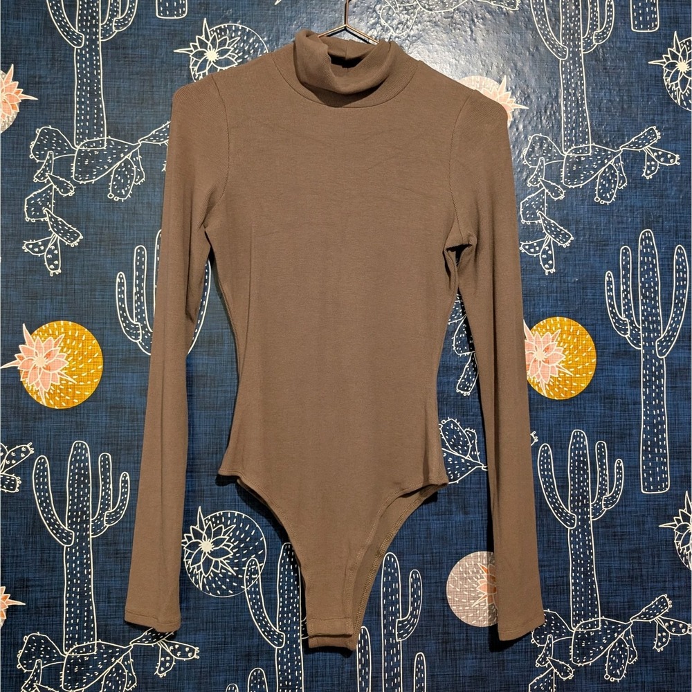 The Foxy Kind Ribbed Turtleneck Long Sleeve Bodysuit Brown Women's Size Medium